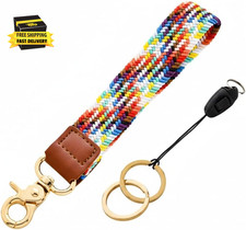 Rainbow Wristlet Keychain, Braided Wrist Strap Keychain with Metal Clasp and Key
