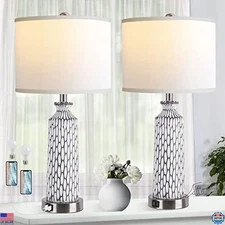 QiMH Coastal Table Lamps Set of 2 - White & Grey Resin, USB, Dimmable Touch