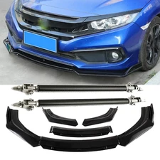 For Honda Civic Si C Bumper Lip Spoiler Splitter Body Kit + Strut Rods Glossy