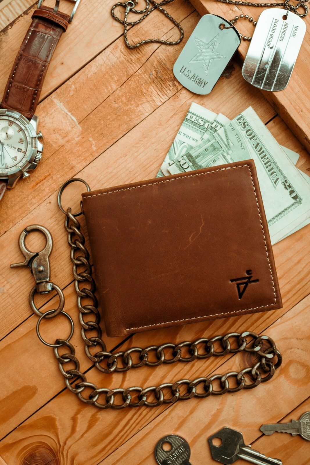 J.T.C Men's RFID Blocking Leather Chain Wallet - Tri-fold/Bi-fold Vintage Style With Stainless Steel Chain