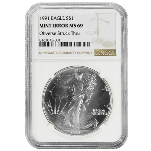 1991 $1 1-oz American Silver Eagle NGC MS69 Mint Error Obverse Struck Thru Br...