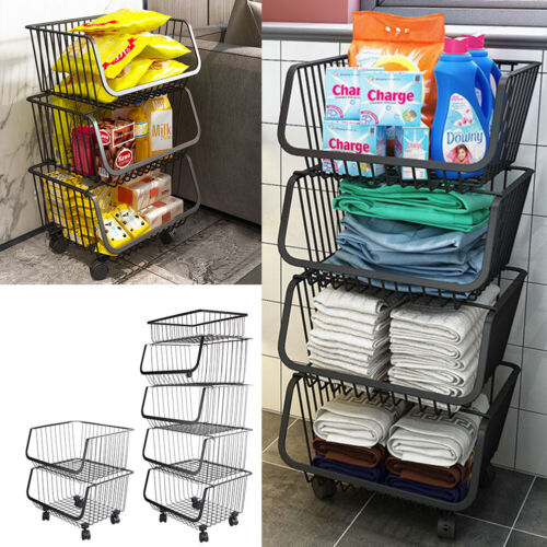 STORAGE STACKING WIRE BASKET STACKABLE SHELVES VEGETABLE FOOD KITCHEN RACK WHEEL - Picture 6 of 43
