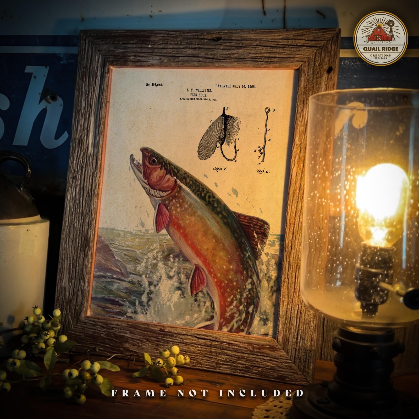 Vintage Fly Fishing Lures Patent Art Print Brook Trout Fish Cabin Wall Decor 