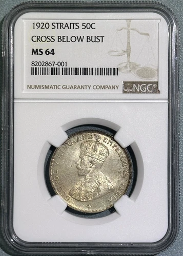 Straits Settlements 1920 Silver Coin 50 Cents Pre Malaysia Choice BU NGC MS 64