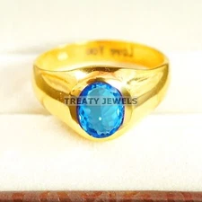 Blue Topaz Oval Cut With 925 Sterling Silver Gold Plated Ring For Men's #A887 *