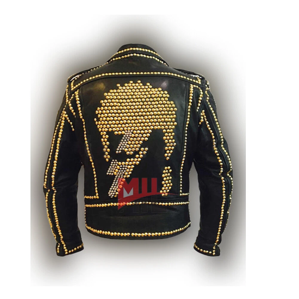 Handmade Men's Black Fashion Genuine Leather Jacket With Brown & Sliver Studded