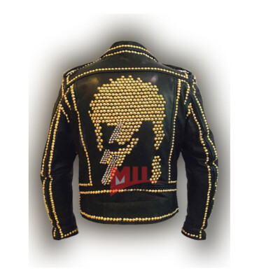 Handmade Men's Black Fashion Genuine Leather Jacket With Brown & Sliver Studded