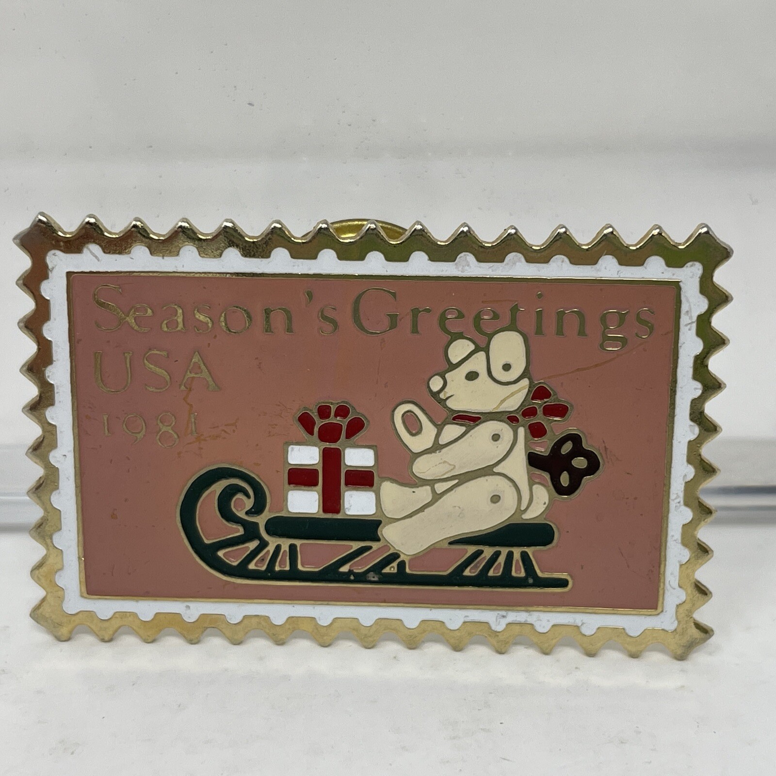 Season's Greetings Teddy Bear Sleigh 1981 Stamp Pin J… Gem