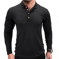 Mens Long Sleeve Polo Shirt Classic Casual Slim Fit Button Tops T-Shirts