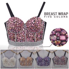 Pearl Corset Bustier Bra Crop Top Colorful Rhinestone Push Up Bralette Tank Top!