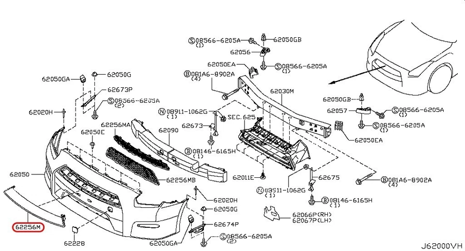 NIssan Genuino R35 GT-R MY11-MY15 PARRILLA-PARACHOQUES DELANTERO 62256-JF60A OEM Foto 3 de 4