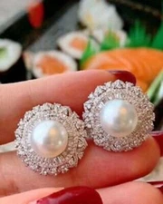 3.00Ct Round Cut White Pearl Halo Women's Stud Earrings 14K White Gold Finish