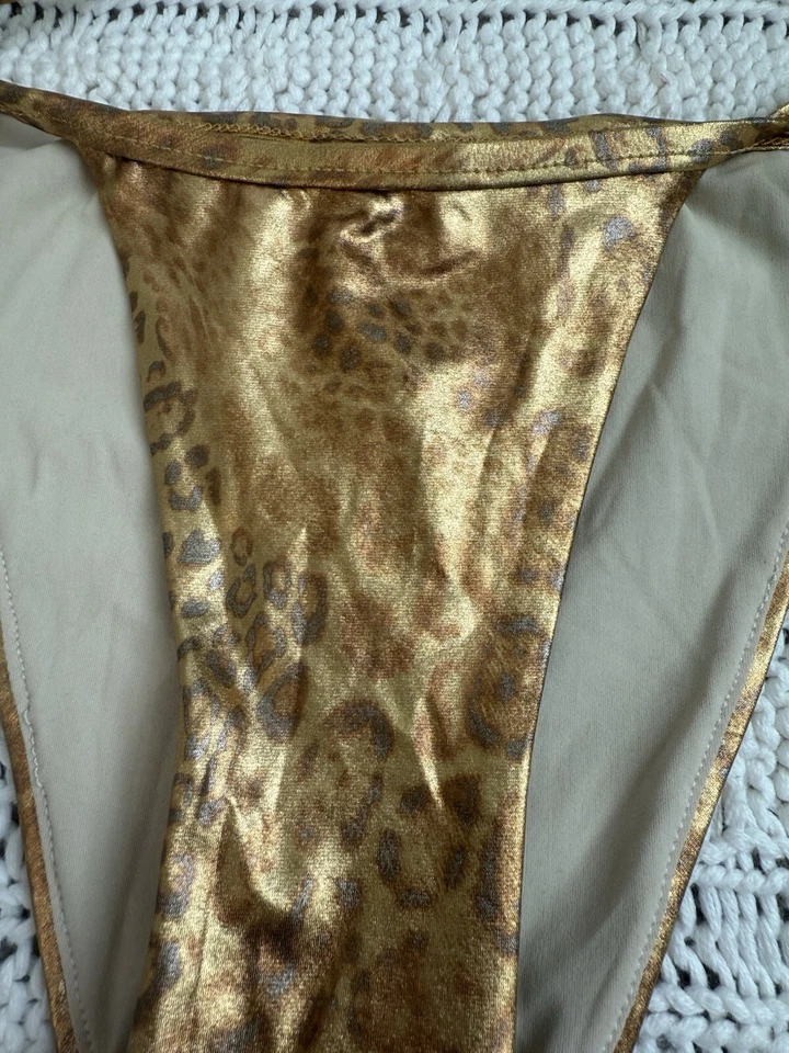 Pantalones de bikini vintage Sauvage California dorados brillantes con estampado de leopardo para mujer S Foto 2 de 4