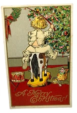 Bien 5104 Christmas Postcard Horse Drum Jack Box Boy Wreath Holly Red Berries