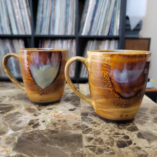 Vintage Artisanal Set of 2  Brown Drip Glazes  Mugs Cup Oven Proof Ceramic