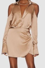 $445 SER.O.YA Women's Beige Silk Cold Shoulder Dress Size Small