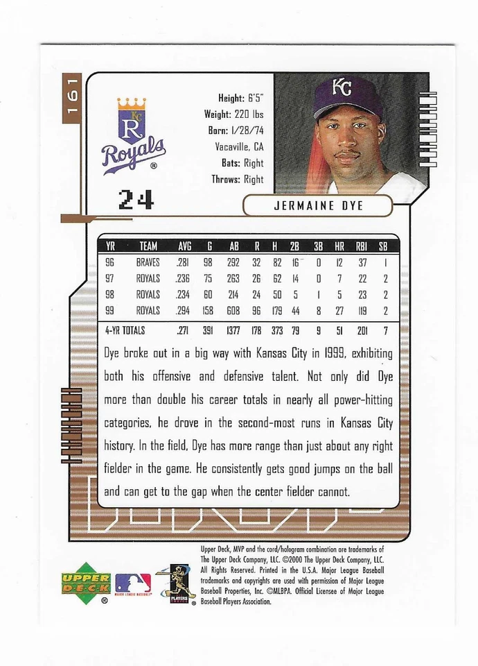 2000 Upper Deck MVP Jermaine Dye Kansas City Royals Baseball Card #161 - Image 2 of 2