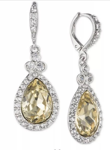 $45 Givenchy Women's YELLOW Silver-Tone Pave & Stone Drop Earrings #305 - Picture 2 of 6