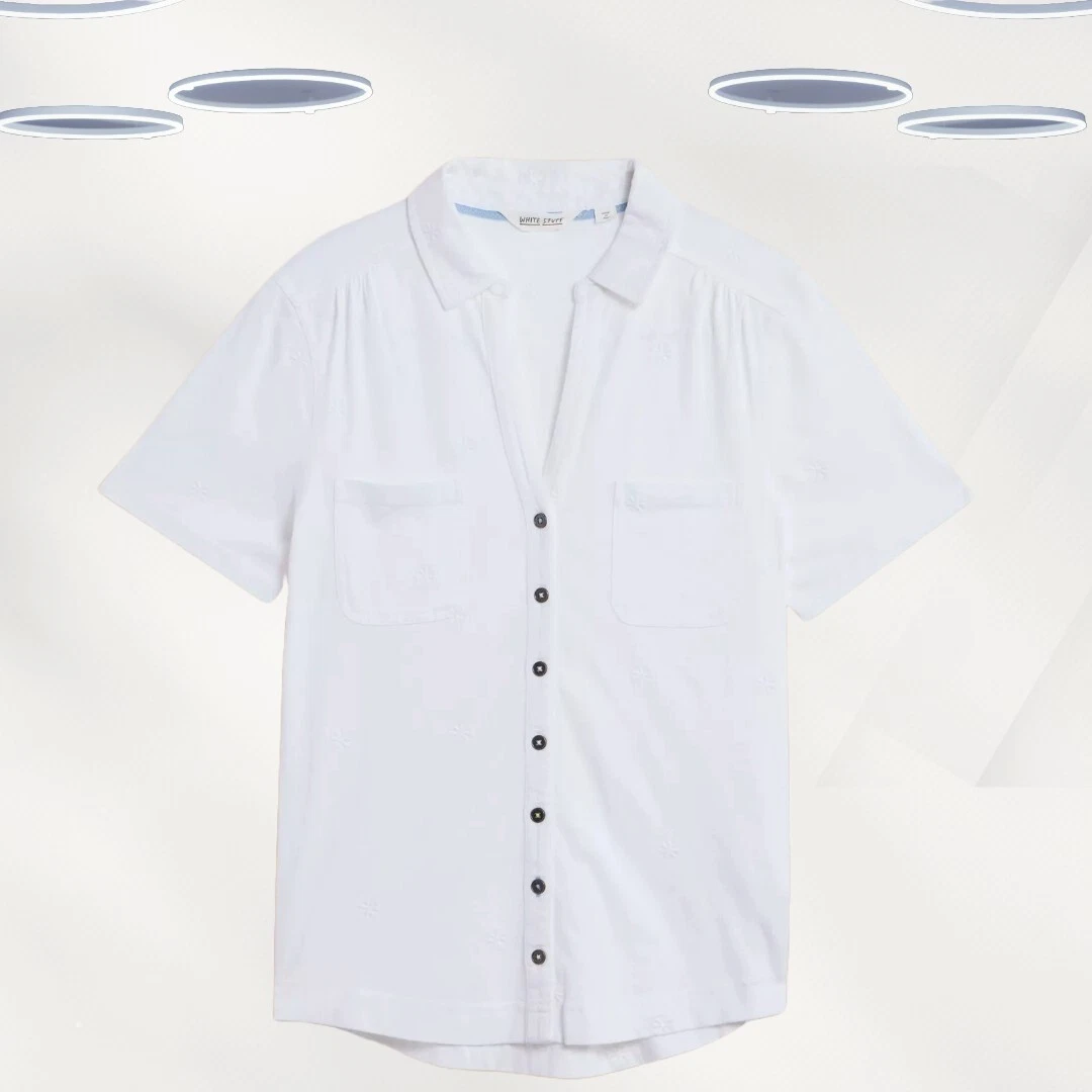 Ex White Stuff Women's Short Sleeve Pocket Embroidered Jersey Shirt in White