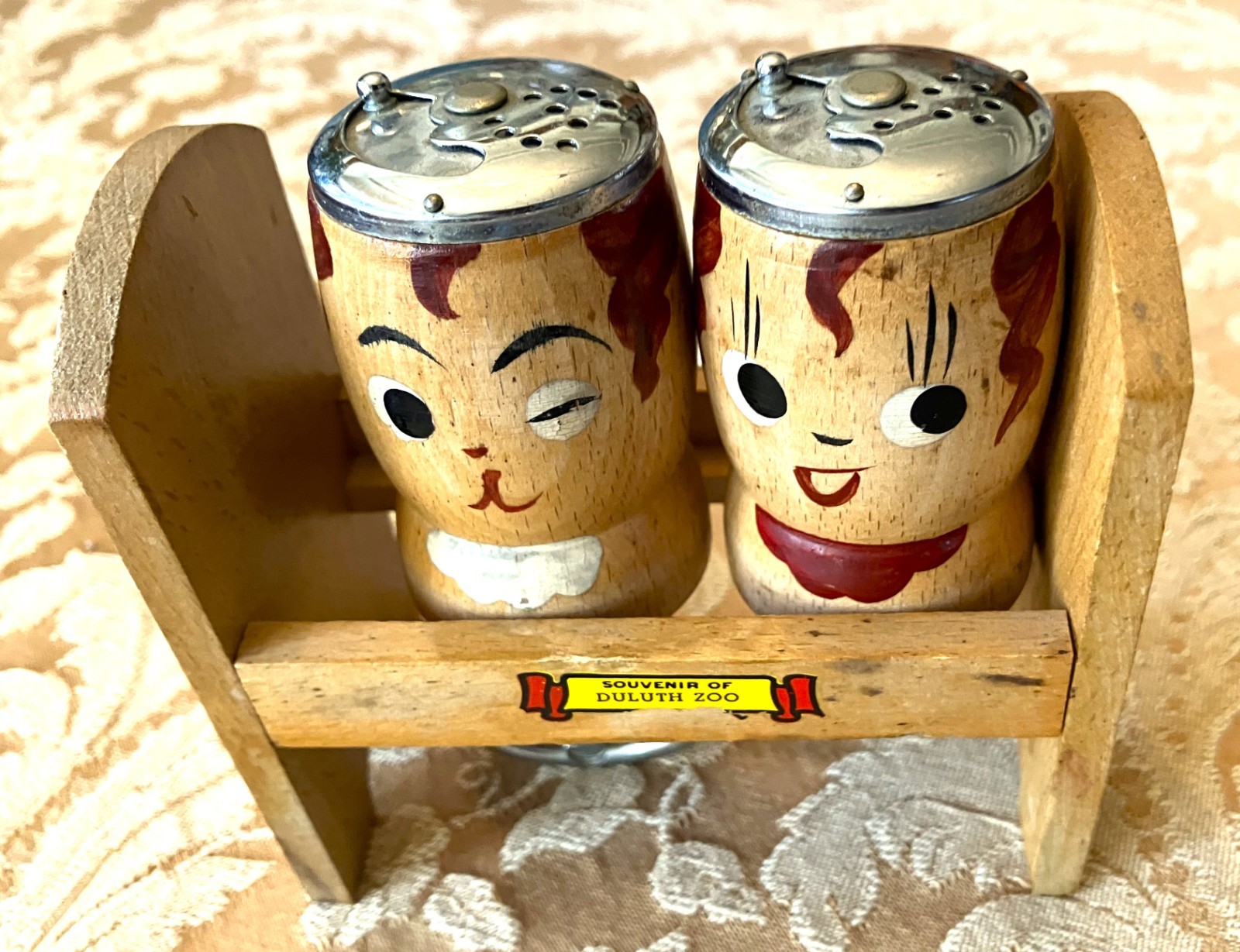 Vintage Hand Painted Wood Salt Pepper Shakers Corkscrew Bottle Opener in Stand