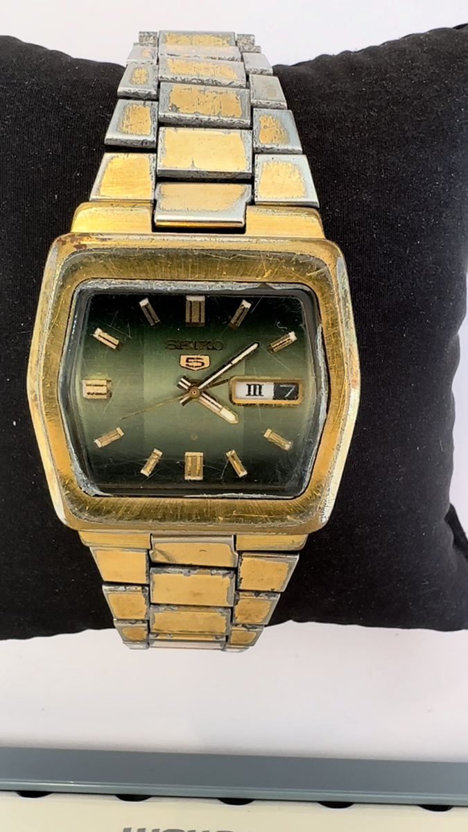 Vintage Seiko 6119-5460 Automatic TV Style Green Dial Gold Tone