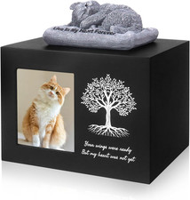 Cat Urn for Ashes, Wooden Tree Pattern Cat Keepsake Box with Photo Frame, Resin