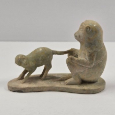 Vintage Hand Carved Soapstone Monkey Figurine Two Monkeys Statue Green Tan