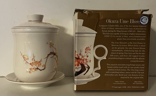 Teavana Okura Ume Blossom Porcelain Mug Cup 12 oz with Infuser/Lid/Saucer + Box - Picture 4 of 22