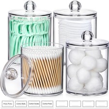 4 Pack Acrylic Qtip Holder Dispenser for Cotton Swabs, Balls, 4 Pack, Clear