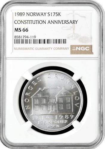 Norway 175 kroner 1989, NGC MS66, "175th Anniversary - Constitution" silver coin