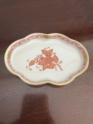 Genuine Herend Chinese Bouquet Rust Scalloped Oval Dish 5.5 