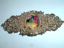 Vintage Repousse Art Nouveau Silk Floral Cameo 4" Hair Barrette