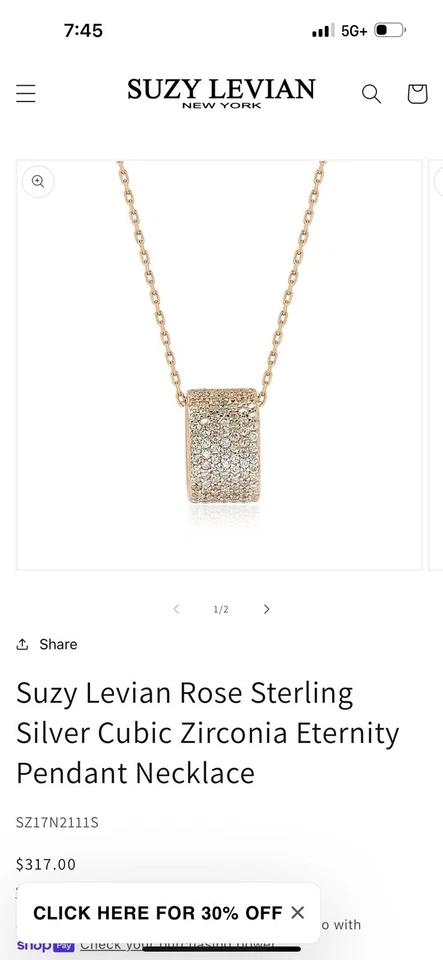 Collar de barril de plata esterlina/oro rosa de 14 K SUZY LEVIAN, ¡Nuevo! Foto 3 de 4