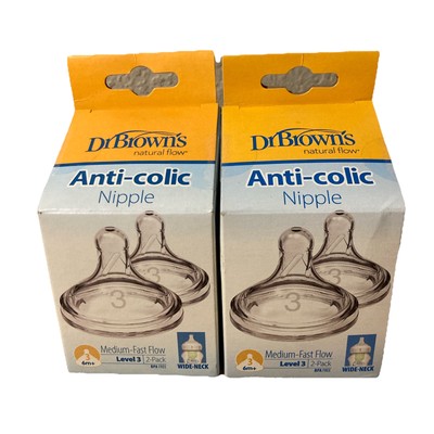 4 NEW Dr. Brown's Medium Fast Flow Level 3 Wide-Neck (2 Pk of 2) Anti-colic 6m+