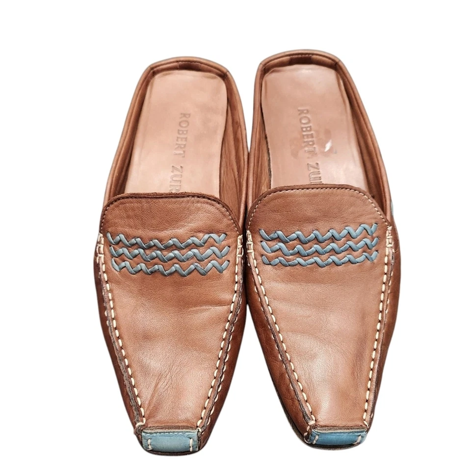 Robert Zur Vega BB Learher мокасины мул туфли коричневый бирюзовый 7 М ретро дизайнер - Изображение 2 из 4