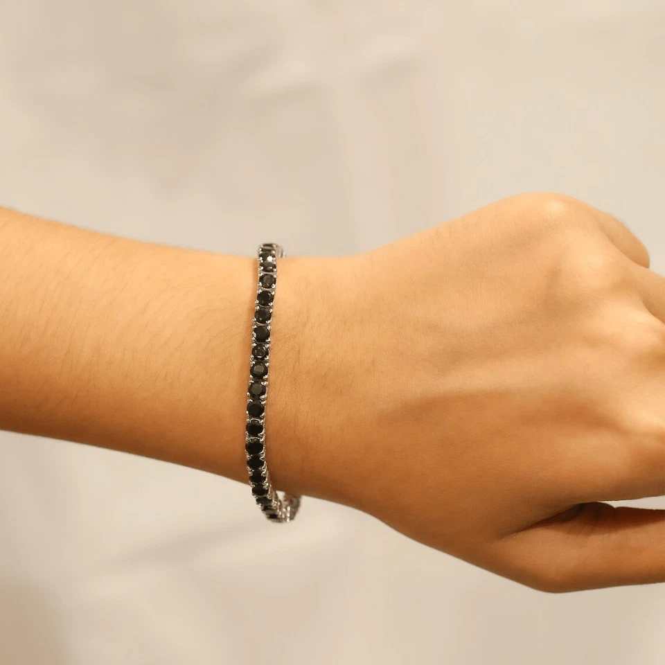 Brazalete de tenis de 8" de diamantes negros creados en laboratorio redondo de 12 quilates de oro blanco de 14 quilates FN Foto 3 de 4