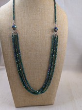 Iridescent Green AB Faceted Glass Bead Multi Strand Statement Necklace