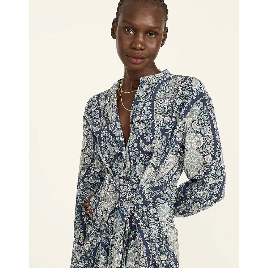 Vestido camisero de seda J.Crew $228 con corbata frontal en cachemira de gran tamaño talla 2 BB642 Foto 2 de 4