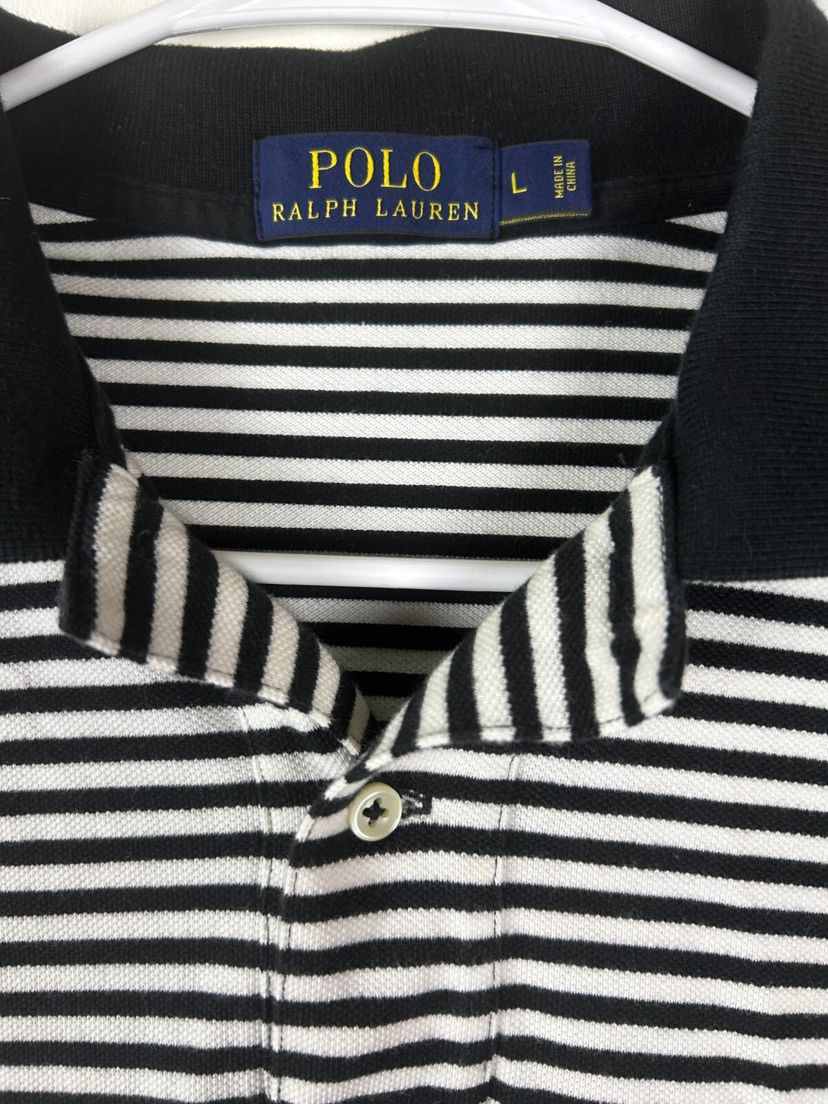 Polo Ralph Lauren camicia uomo L grande colletto pony nero bianco righe 100% cotone