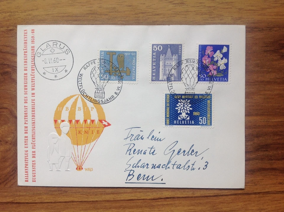 Switzerland 1960 Hot Air Balloon Glarus  postmark.  Free UK P&P - Image 3 of 3