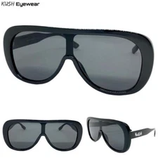 Oversized Vintage Retro Party Raver KUSH SUN GLASSES Large Black Frame Dark Lens