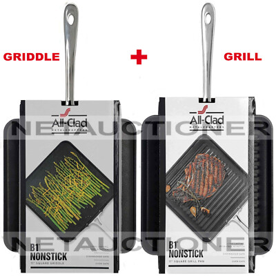 New ALL-CLAD 11'' Hard Anodized B1 Nonstick Square Griddle & Grill Set Bundle