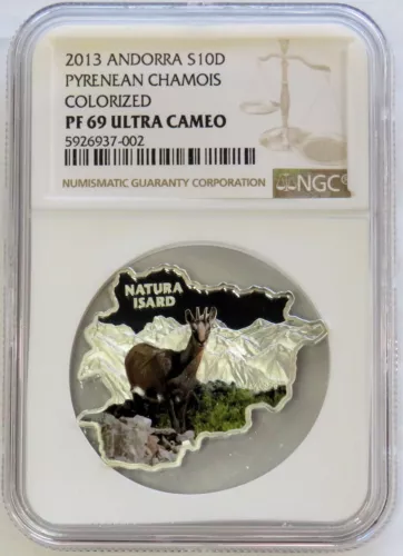 2013 SILVER ANDORRA 10 D PYRENEAN CHAMOIS COLORIZED 1 OZ PROOF COIN NGC PF 69 UC