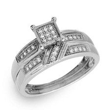 Sterling Silver 2-pcs Engagement / Wedding Square Design Pave CZ Stones Ring Set