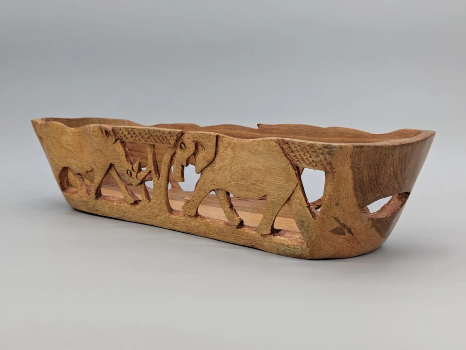 Vintage 14" Safari African Hand Carved Wood Fruit Food Decorative Basket - Image 3 of 4