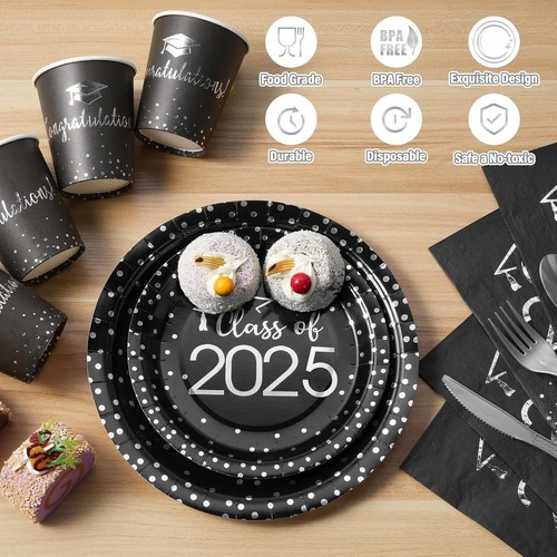 700pcs Graduation Party Supplies - Stylish Black & Silver Plates & Napkins - Picture 5 of 10