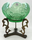 Vintage Fenton Opalescent Uranium Green Rose Bowl Glass Vase with Brass Stand