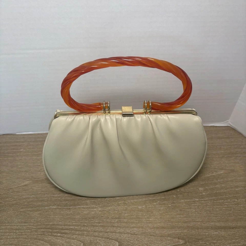 VTG Garay Handbag 1950 Ivory Translucent Twisted Amber Lucite Handle MCM EUC - Image 3 of 4