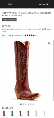 Ariat Casanova Tall Western Boots Red Embroidered Snip Toe Leather Pull On