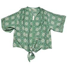NEW Max Studio 2X Green Paisley Print Tie Front Kimono Sleeve Blouse Top